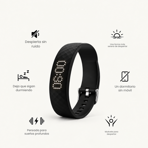 WakeVibe, alarma vibratoria silenciosa de muñeca, con iconos de ventajas: despierta sin ruido, deja que sigan durmiendo, pensada para sueños profundos, dormitorio sin móvil