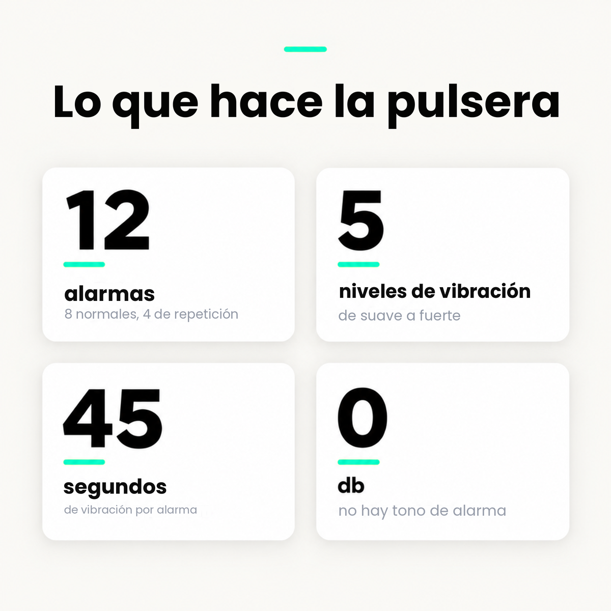 Especificaciones de WakeVibe: 12 alarmas, 5 intensidades de vibración, 45 segundos de vibración por alarma, 0 dB